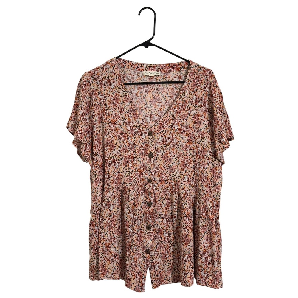 Indigo Rose Womens 3X Floral Button Front Babydoll Top Pink Rayon Flutter Sleeve